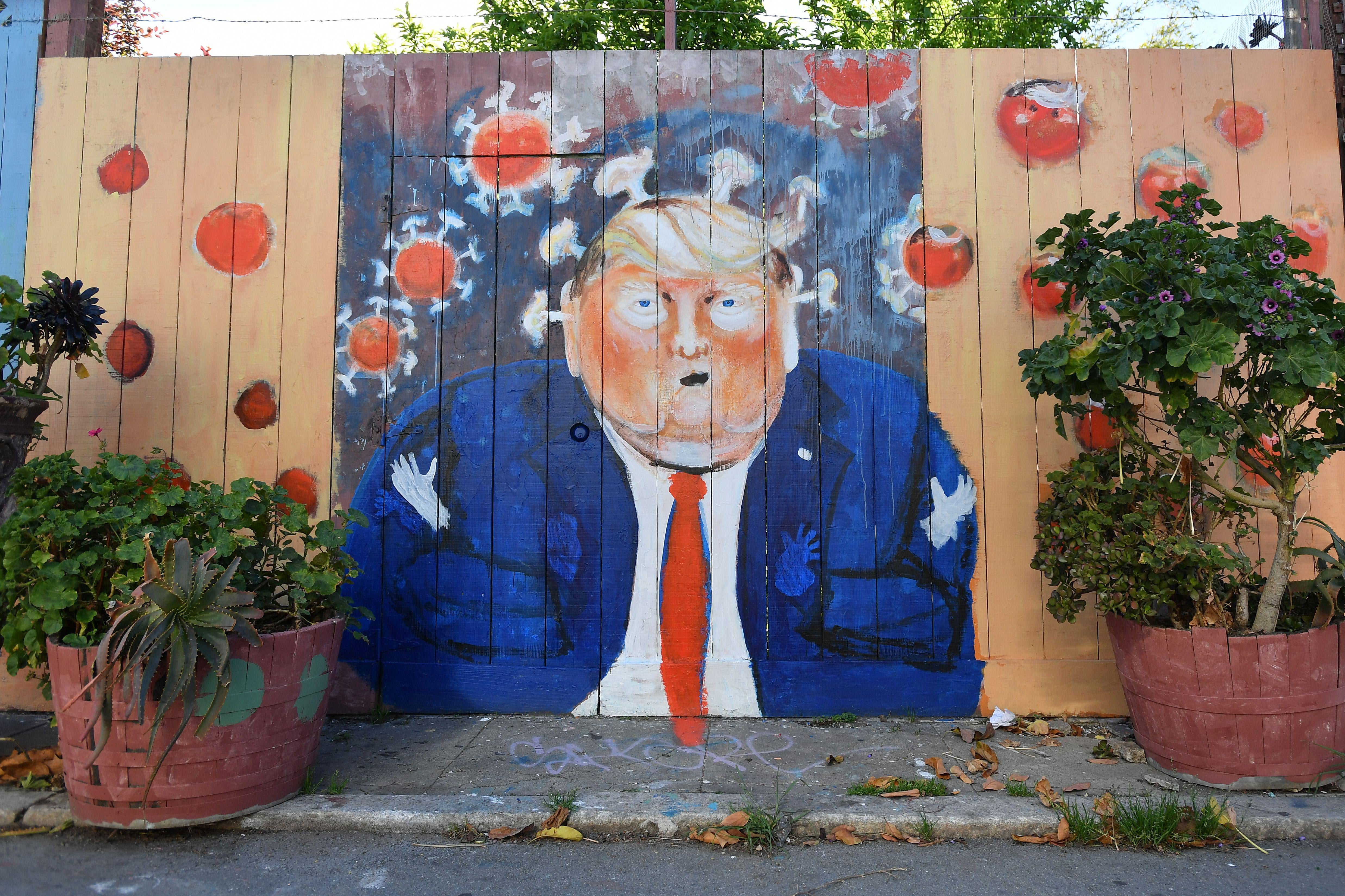 A mural painted on a fence depicts President Donald Trump as the coronavirus.
