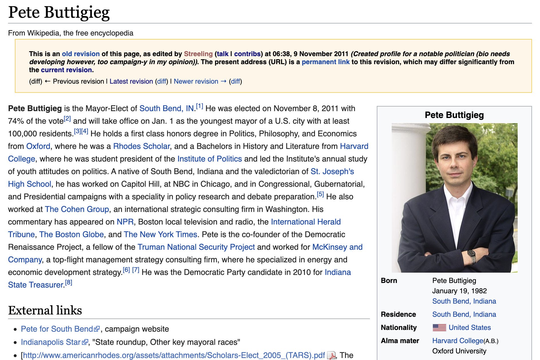 Screenshot of the original Pete Buttigieg Wikipedia page, as created by Streeling.