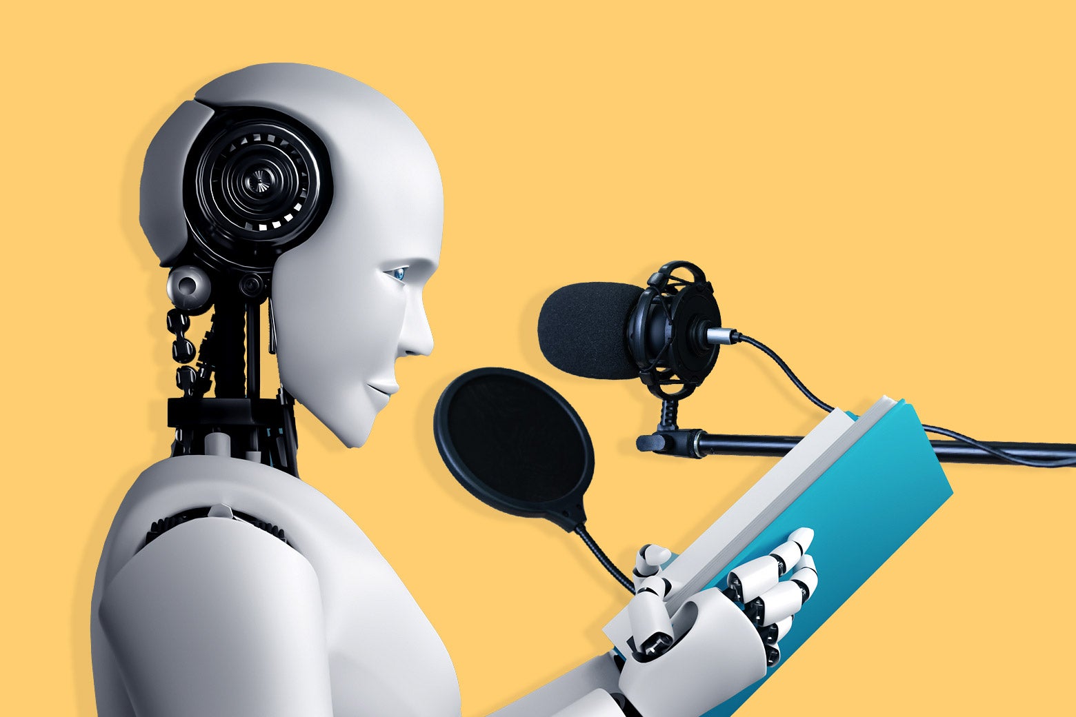 A robot reads a book into a microphone.