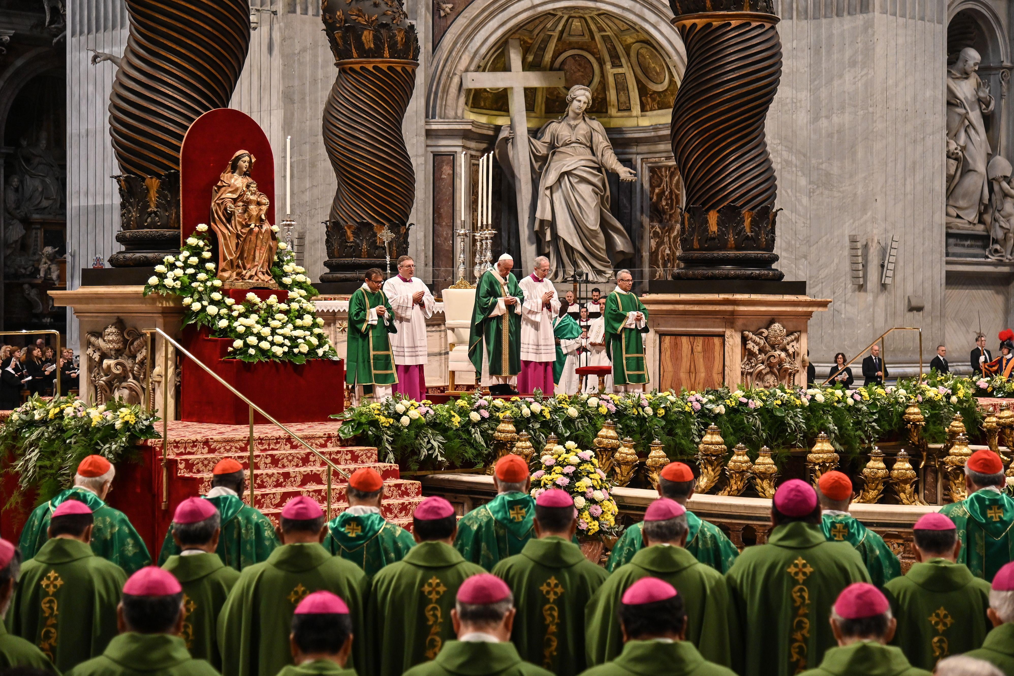 Pope Francis at the closing mass of the Synod on Amazonia on Oct. 27, 2019 at the Saint Peter's Basilica in the Vatican. 