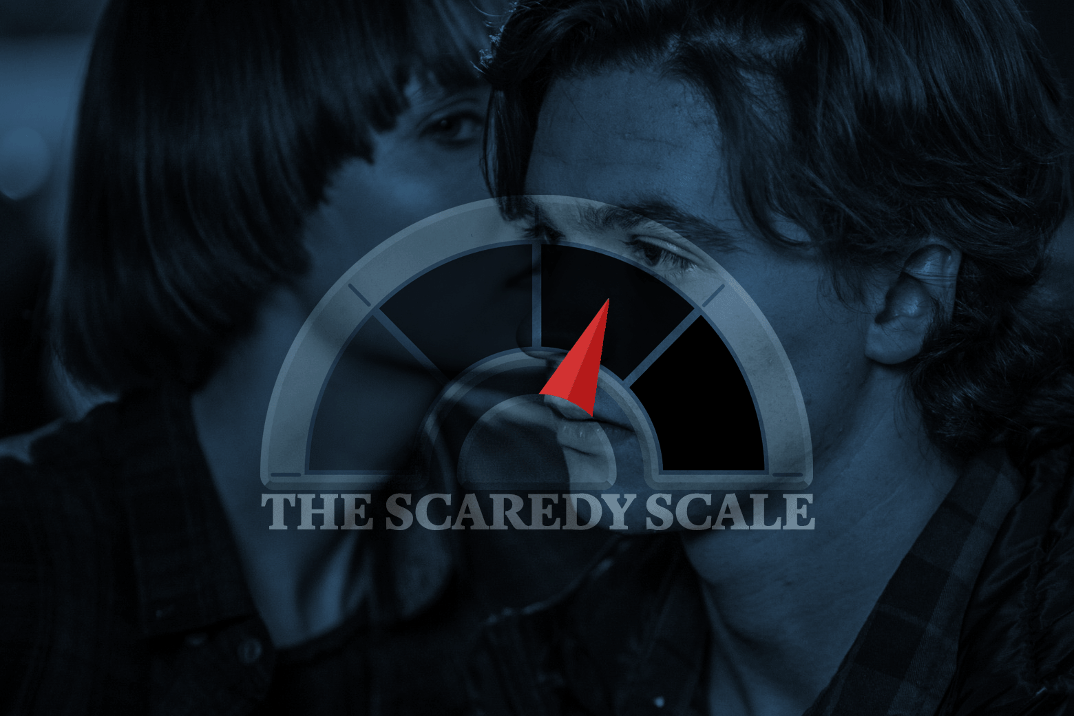 A woman whispers in a young man's ear. Over this a logo: a twitching meter with the name "the Scaredy Scale."
