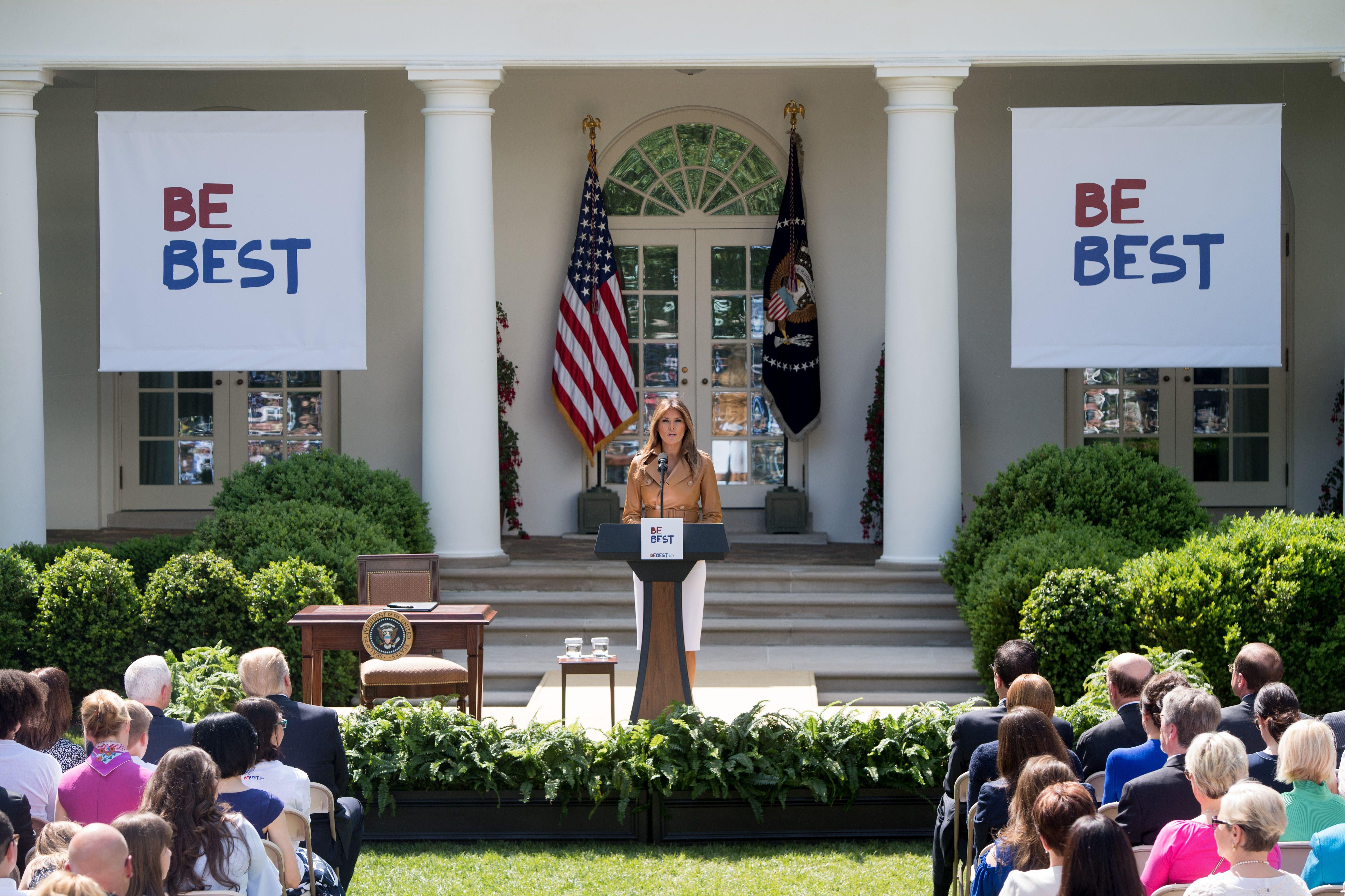 US First Lady Melania Trump announces her 'Be Best' children's initiative in the Rose Garden of the White House in Washington, DC, May 7, 2018. (Photo by SAUL LOEB / AFP)        (Photo credit should read SAUL LOEB/AFP/Getty Images)