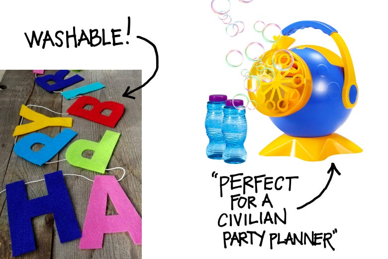 A collage of fun things to have at a kid's birthday party, including a birthday banner and a bubble machine.