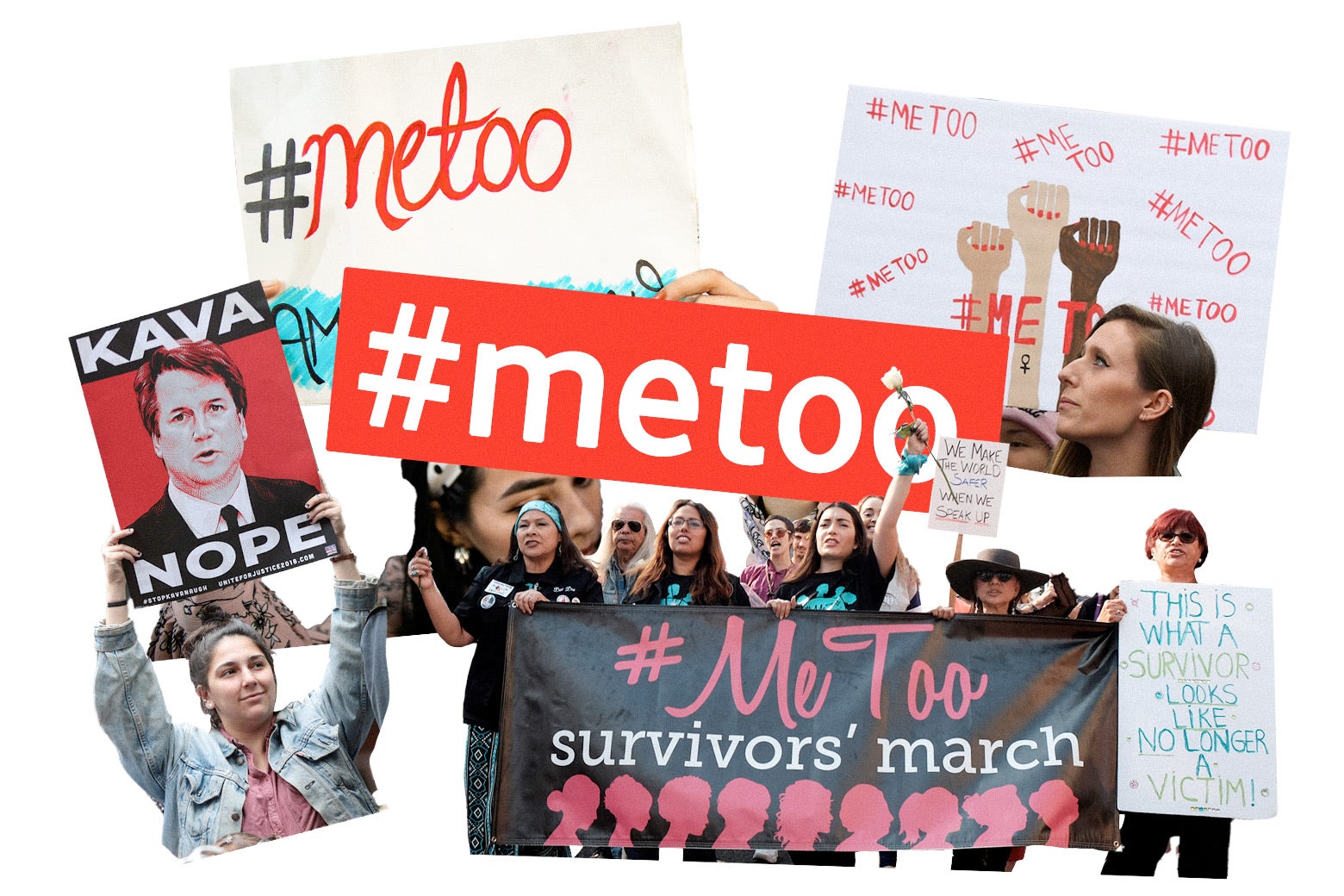 Protesters hold up #MeToo and other related signs in a collage image.