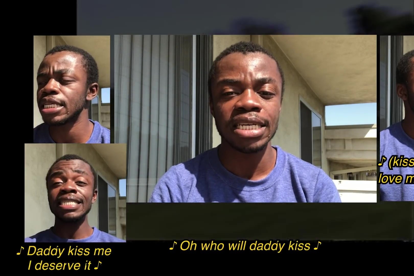 A YouTube style split-screen showing different versions of Demi Adejuyigbe singing in harmony with himself.
