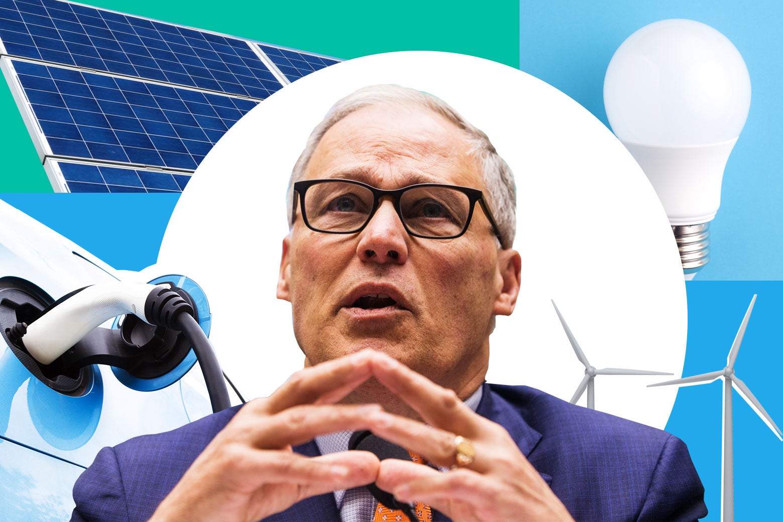 Jay Inslee, surrounded by wind turbines, solar panels, an electric car, and a compact fluorescent lightbulb.