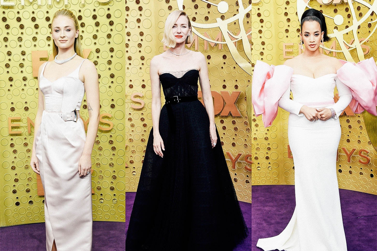 Sophie Turner; Naomi Watts; Dascha Polanco on the Emmys purple carpet.