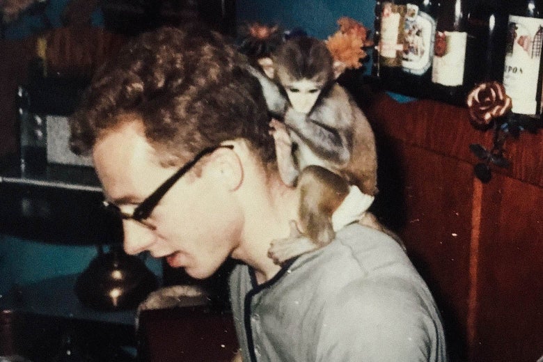 A small monkey sits on the neck of a young man.