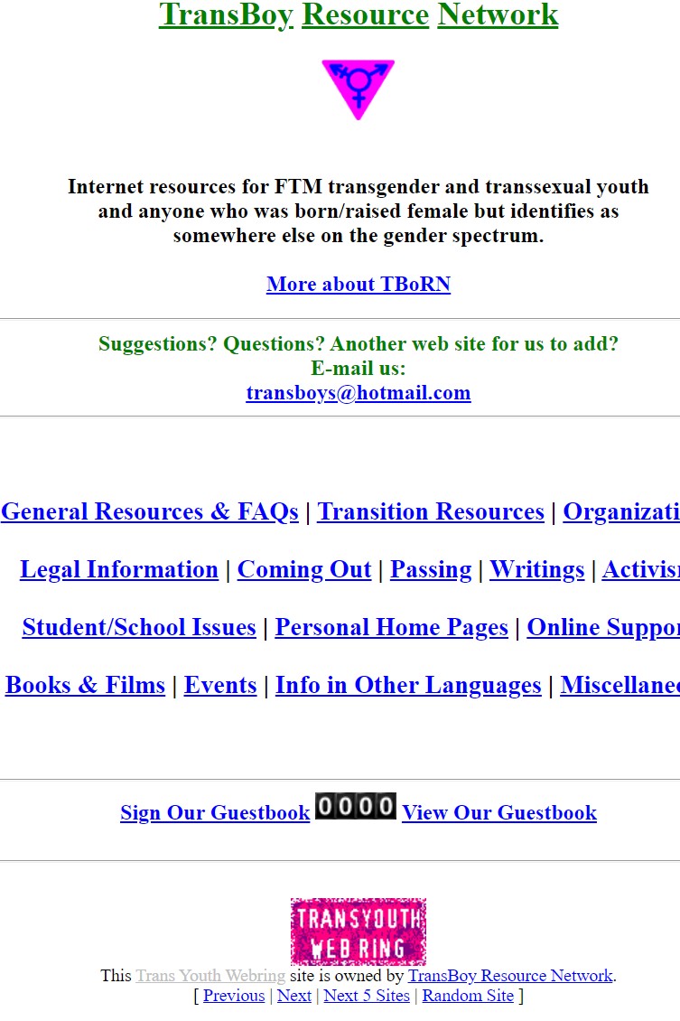 A screencap of the TransBoy Resource Network.