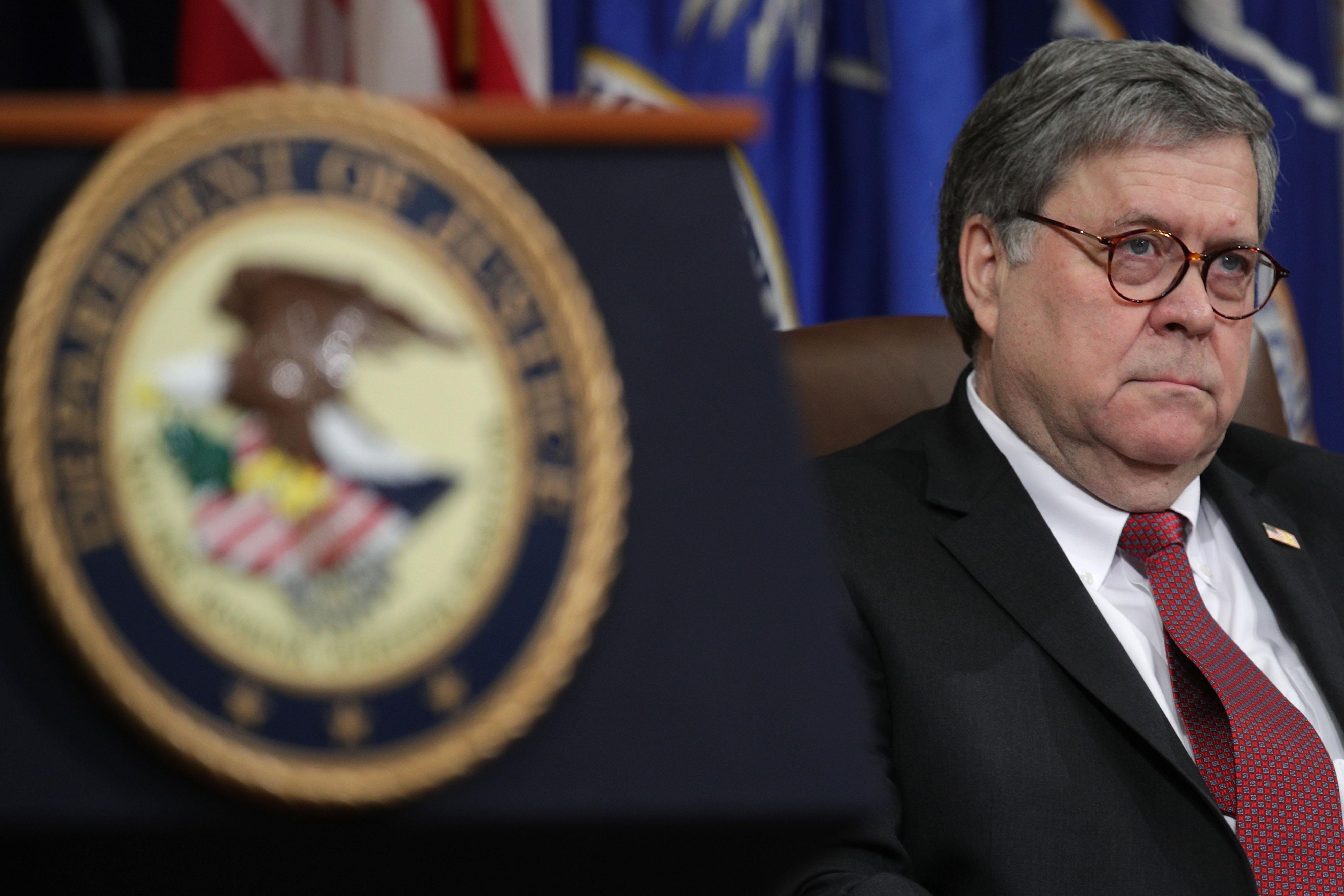 WASHINGTON, DC - FEBRUARY 26: U.S. Attorney General William Barr  listens during a Department of Justice African American History Month Observance Program at the Department of Justice February 26, 2019 in Washington, DC.   (Photo by Alex Wong/Getty Images)