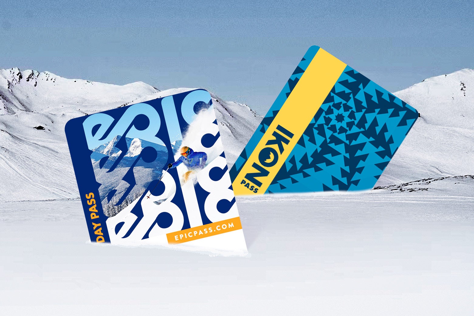 Giant Epic and Icon pass cards are perched at angles in the snow like mountains. 