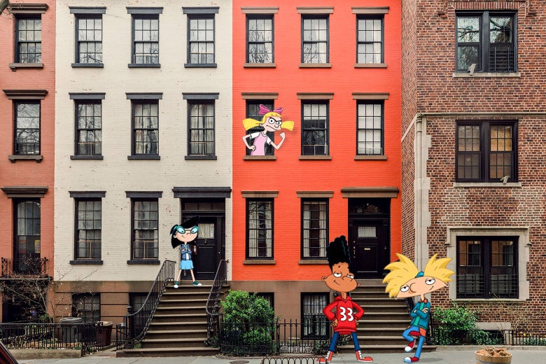 Hey Arnold characters Phoebe, Helga, Gerald, and Arnold photoshopped standing around a real-life block of row houses