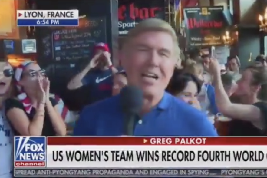 Patrons at a bar in Lyon, France start chanting anti-Trump message during a Fox News live shot on July 7, 2019. 