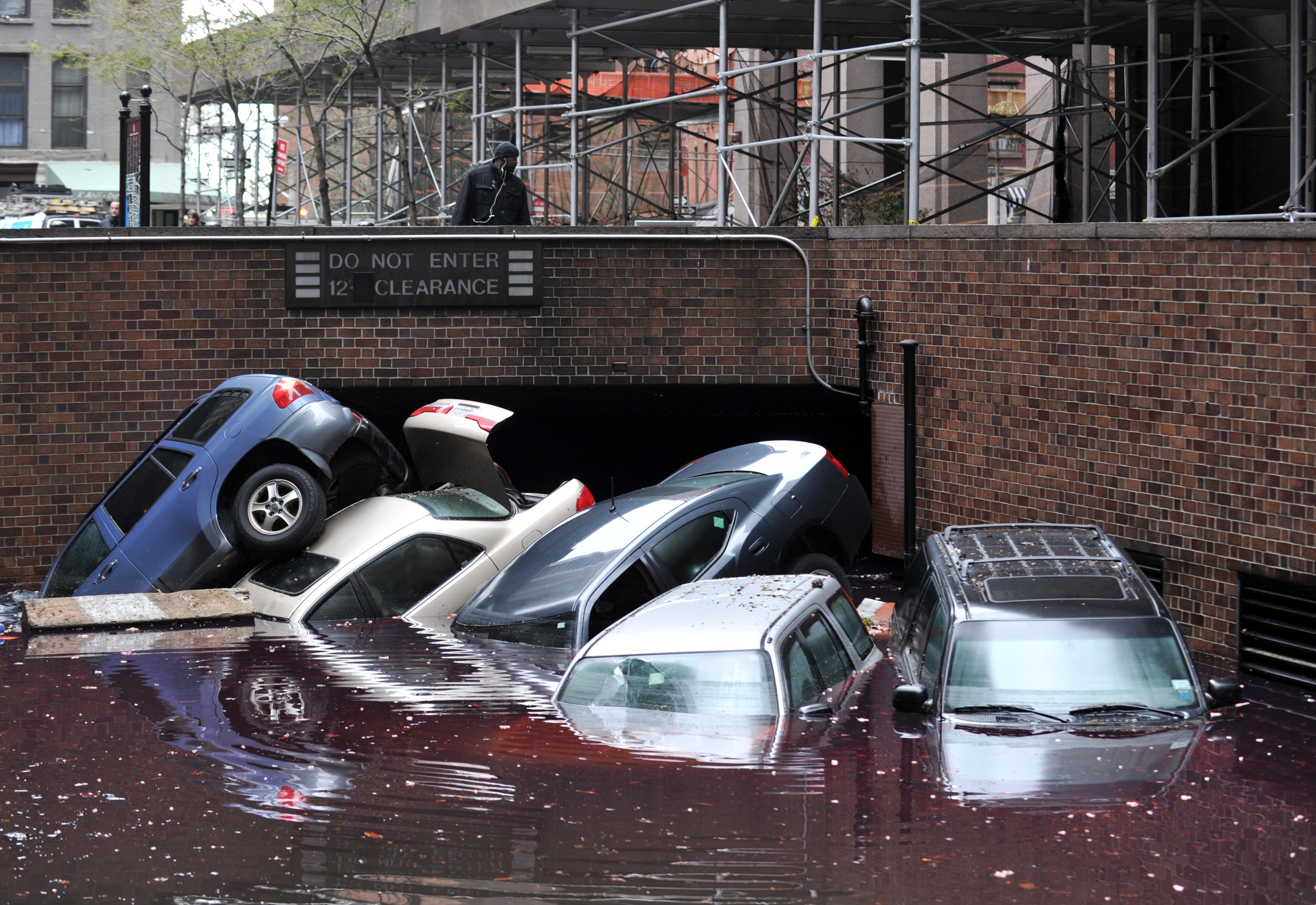 Cars piled on top of each other at the entrance to a garage on South Willliam Street in Lower Manhattan.