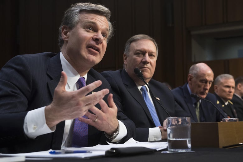 FBI Director Christopher Wray and CIA Director Mike Pompeo testify in Washington on Tuesday.