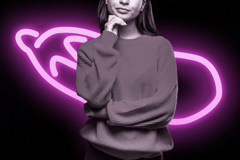 GIF of a contemplative woman standing in front of a neon eggplant emoji.