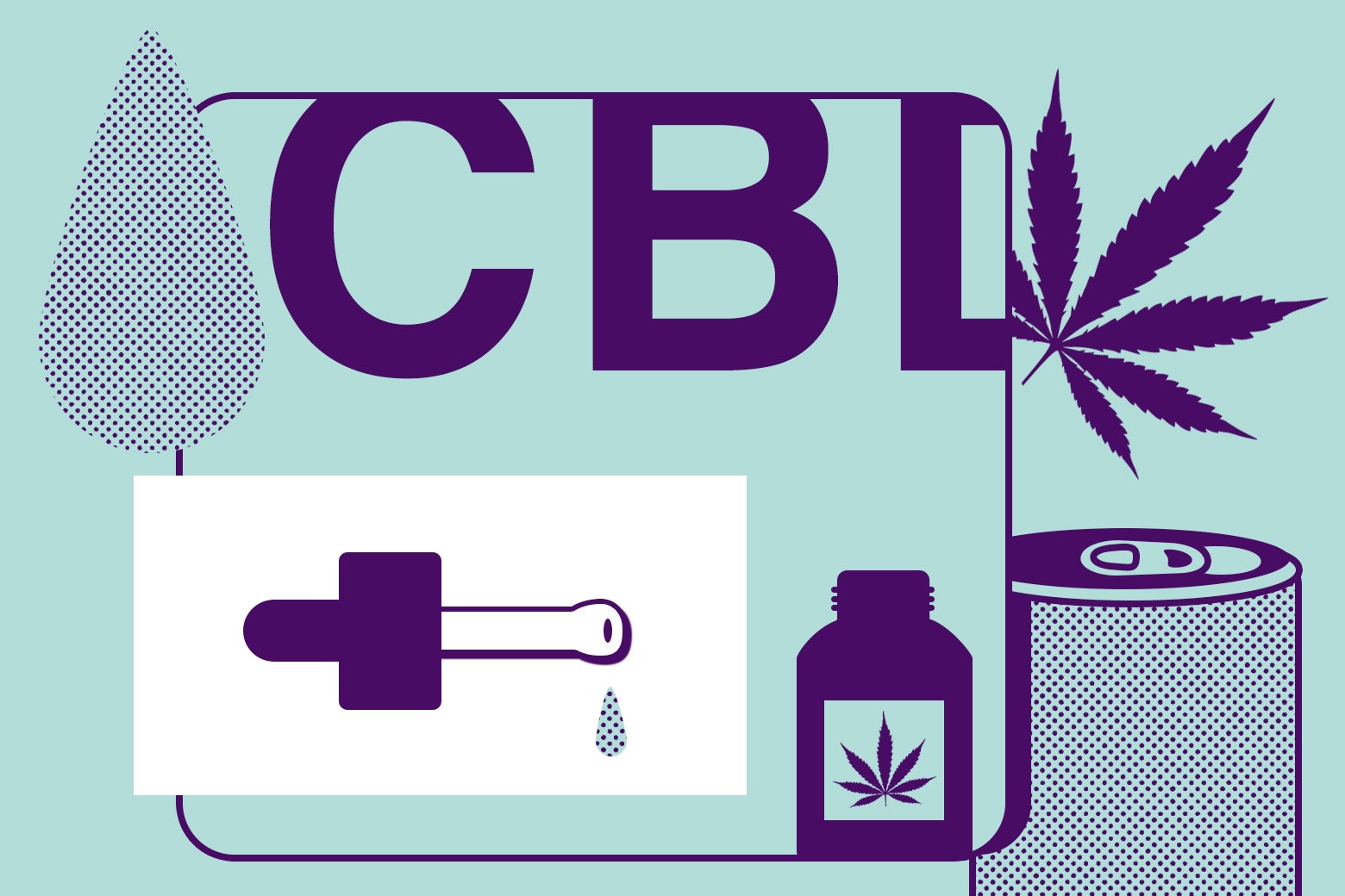 The letters CBD surrounded by a liquid dropper and fluid drops, a bottle with a pot leaf on it, a pop-top can, and a pot leaf floating on its own