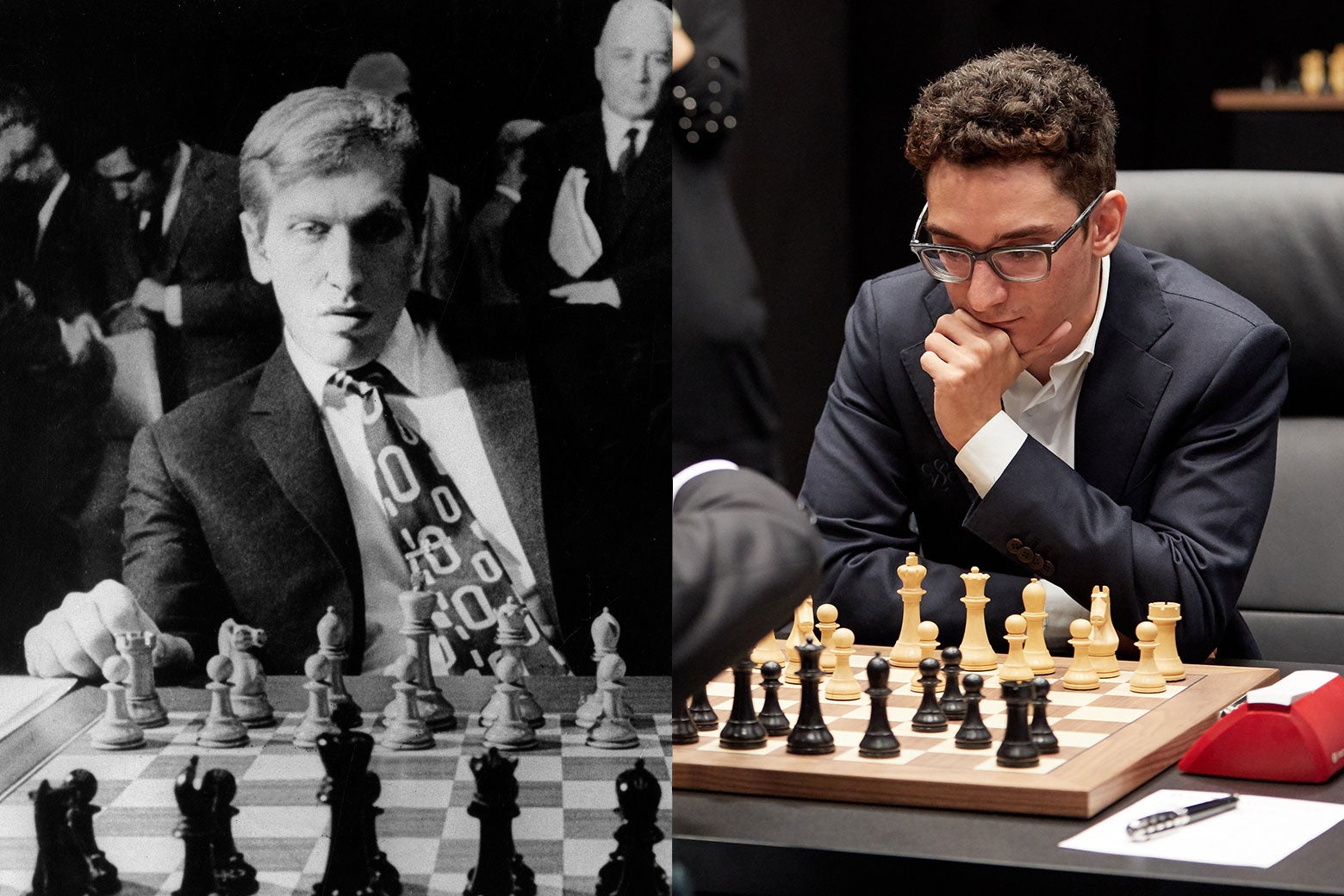 Split image of Bobby Fischer and Fabiano Caruana, both playing chess.