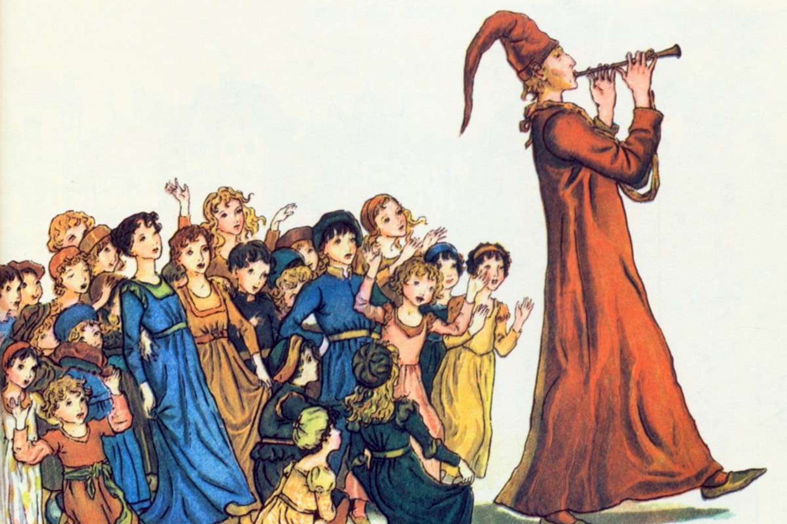 A vintage illustration of the Pied Piper leading children away.