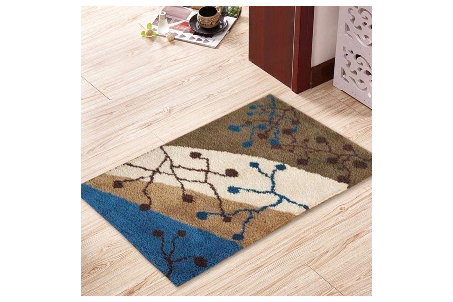 A rug with an abstract design on it.