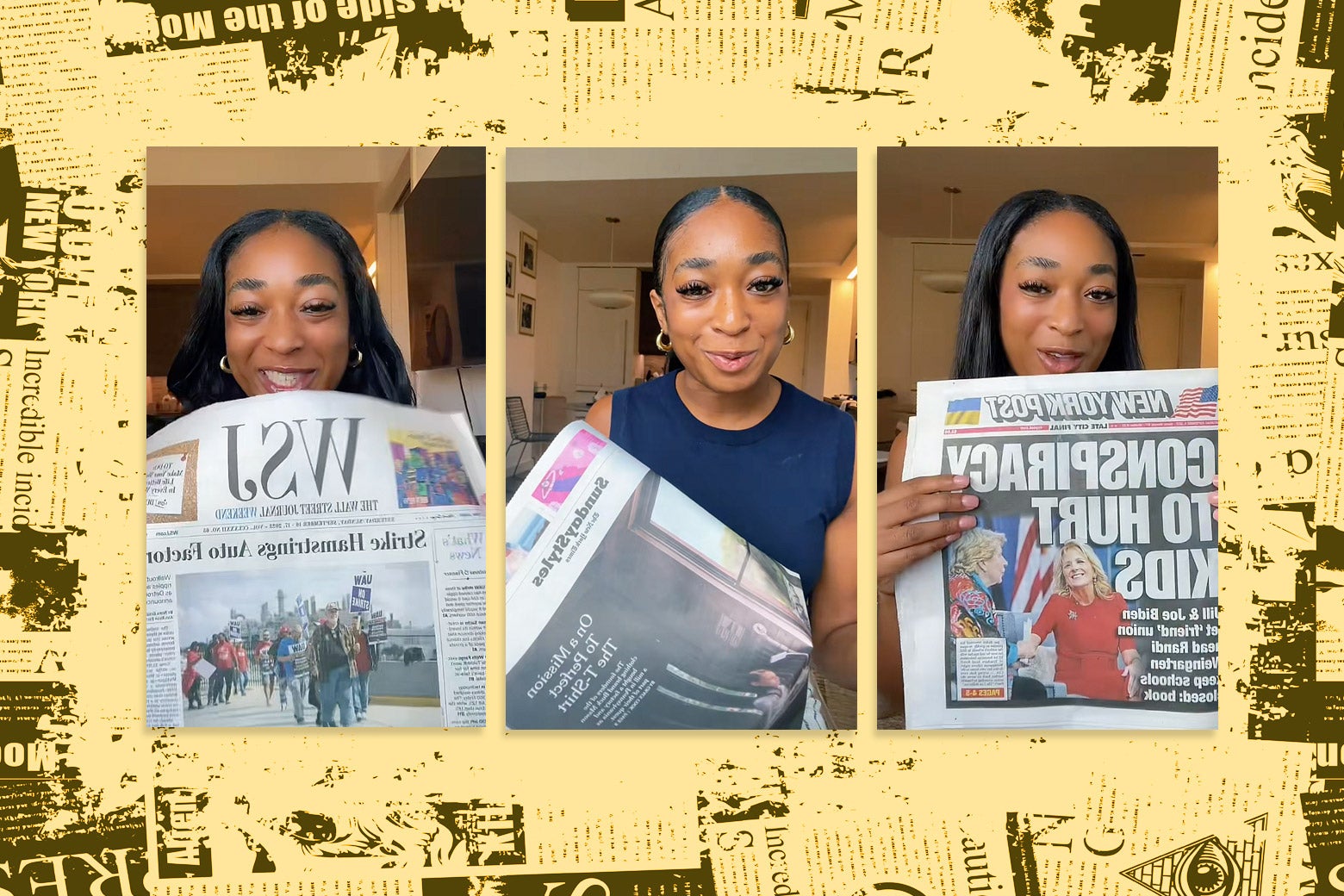 Three still images of Kelsey Russell, TikTok's Gen Z newspaper influencer, holding up various newspapers like the Wall Street Journal, New York Times, and New York Post, on a background of newspaper print. 