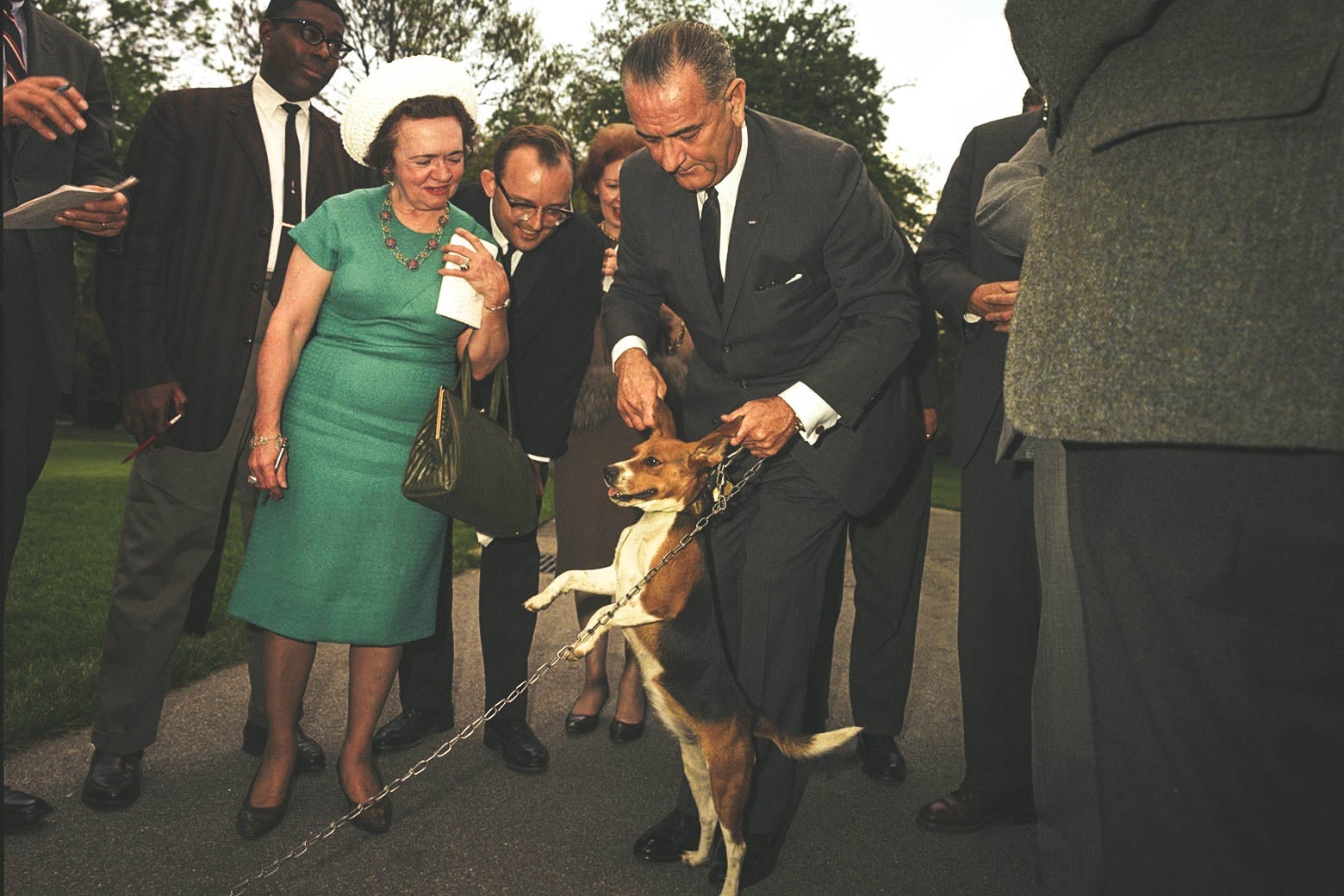 Lyndon Johnson lifting a dog, presumably Her, by the ears.