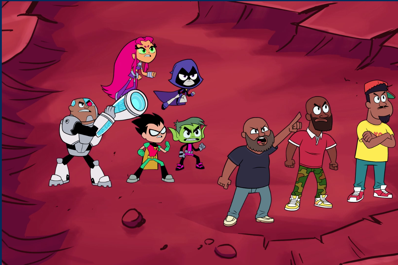 The Teen Titans and De La Soul in the "Don't Press Play" episode