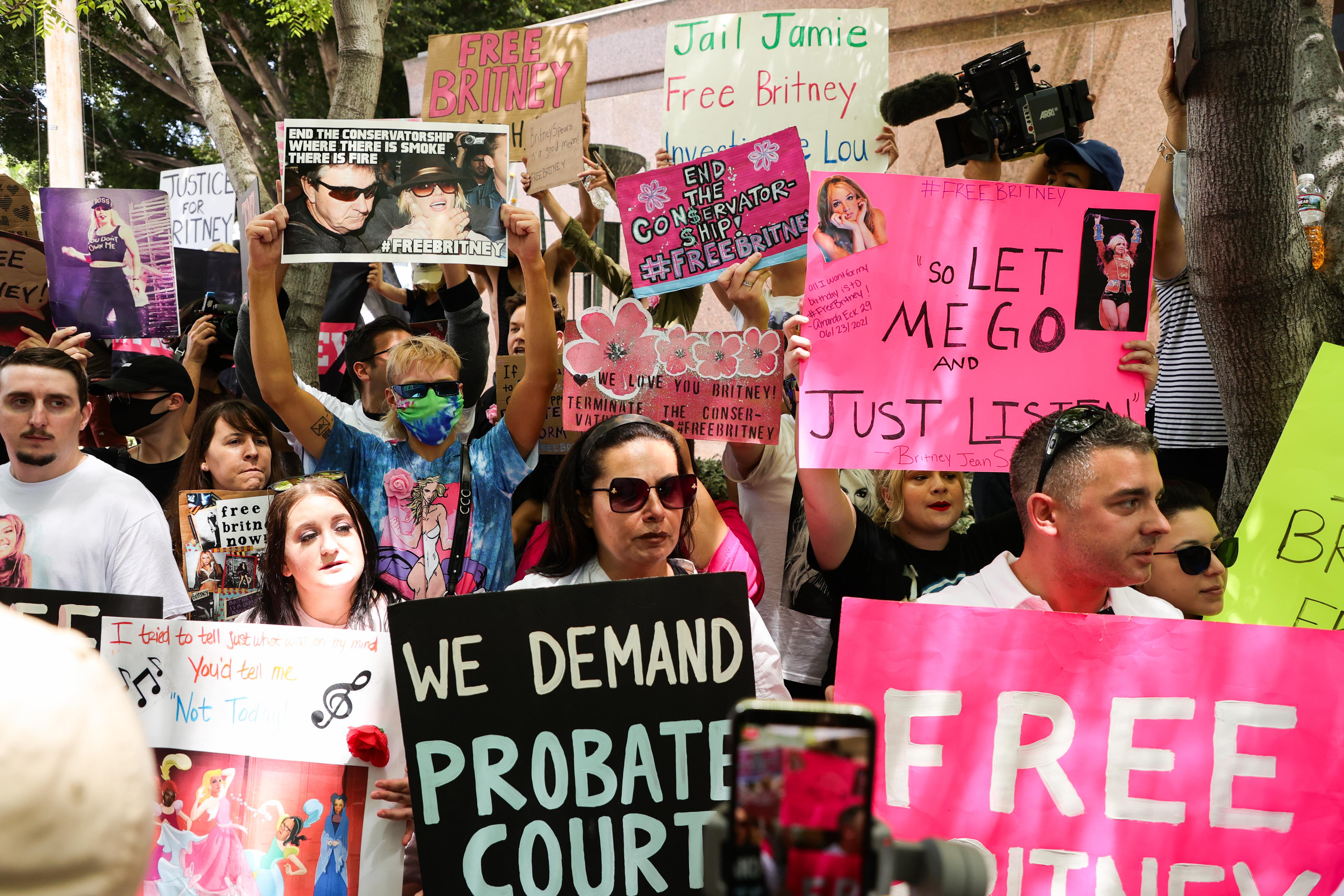 People in a crowd hold various signs, many of which are pink, calling for Britney's freedom from the conservatorship.