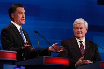 Mitt Romney and Newt Gingrich participate in a debate in Myrtle Beach, S.C., on Jan. 16, 2012.
