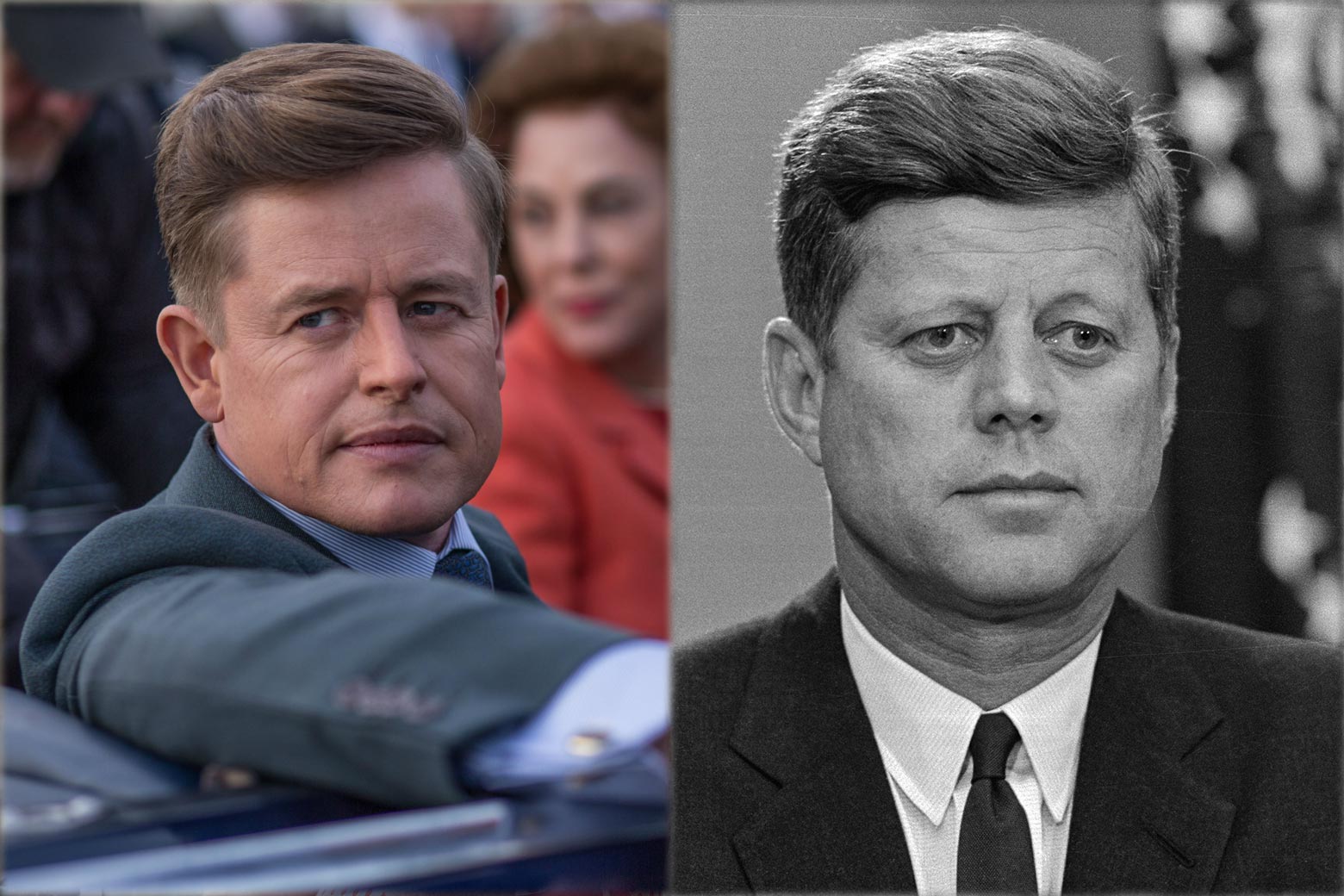Phillipson as JFK in Jackie contrasted with a real headshot of JFK. 