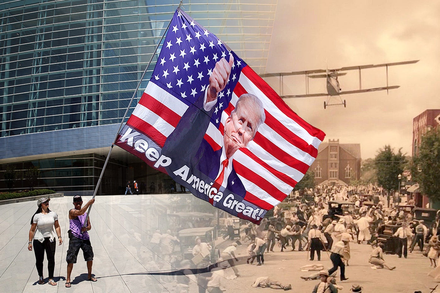 Photo of a Trump supporter waving a giant Keep America Great flag with Trump's face on it, blending into a still of the Tulsa massacre depicted in HBO's Watchmen