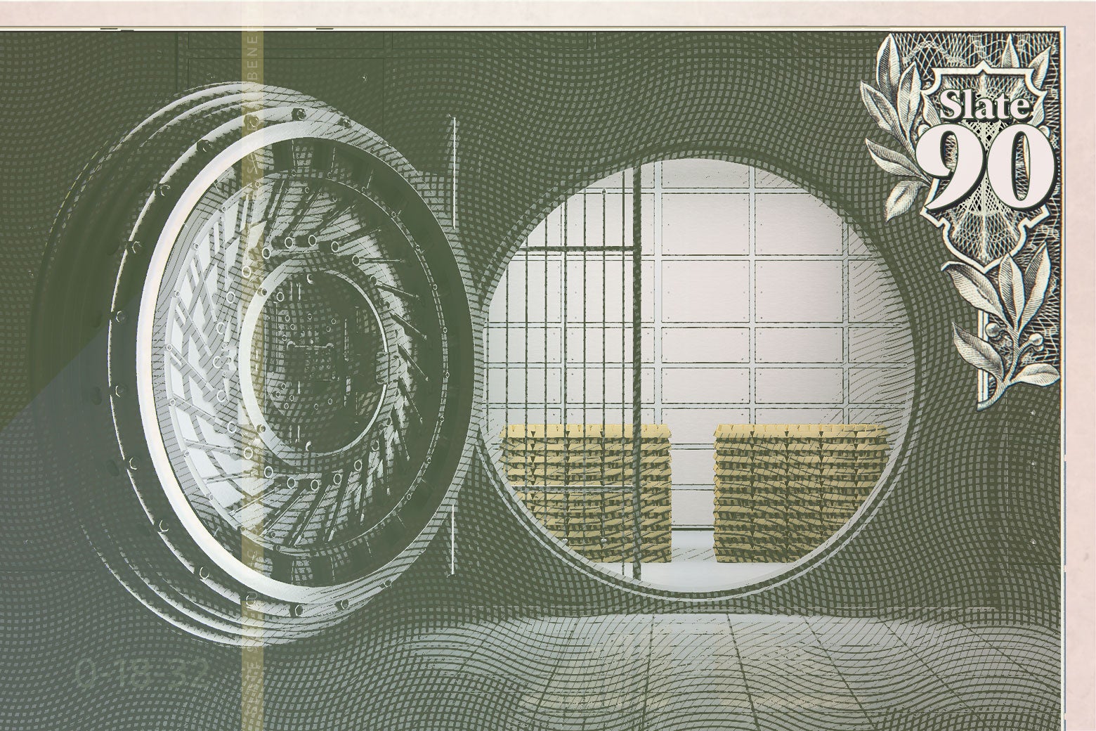 Paper currency showing an open bank vault.