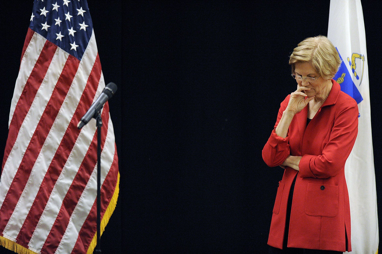 Sen. Elizabeth Warren listens during a town hall meeting in Roxbury, Massachusetts, on Saturday.