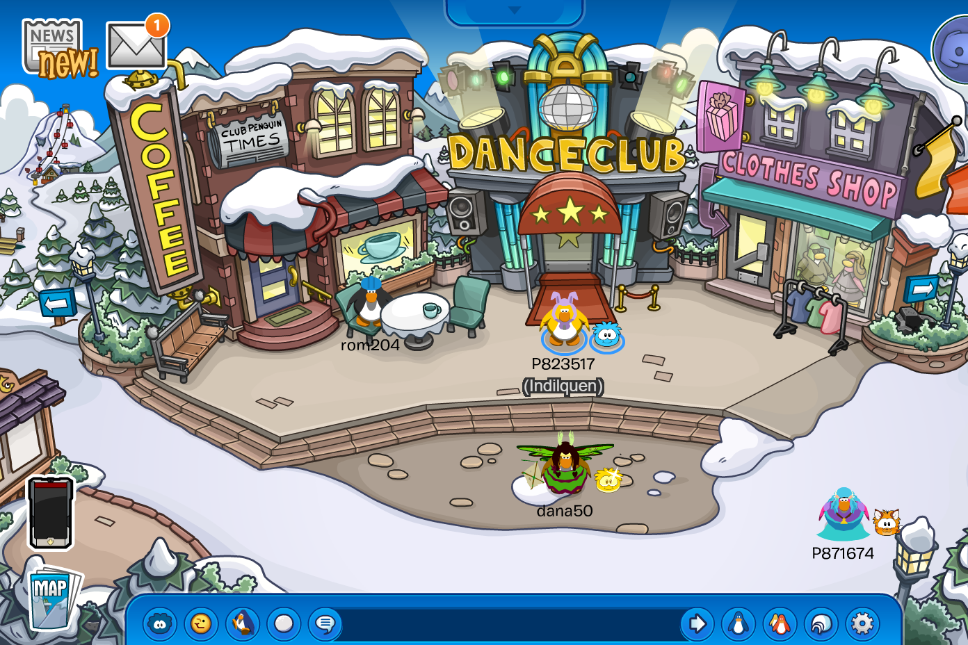 A cartoon town square featuring a café, a dance club, and clothes shop. Snow covered trees and mountains are in the distance. Four cartoon penguins stand in the square: one wears a hard hat, one wears bunny ears, another wears a long blue wig, and the fourth wears wings.