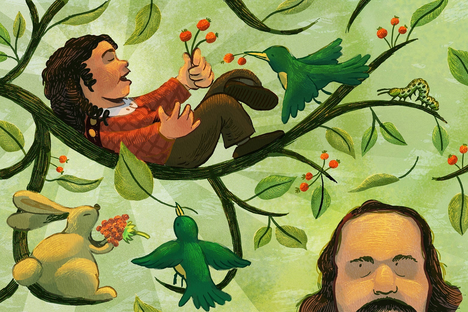 A colorful and vibrant illustration of Nathaniel Hawthorne and his young son.