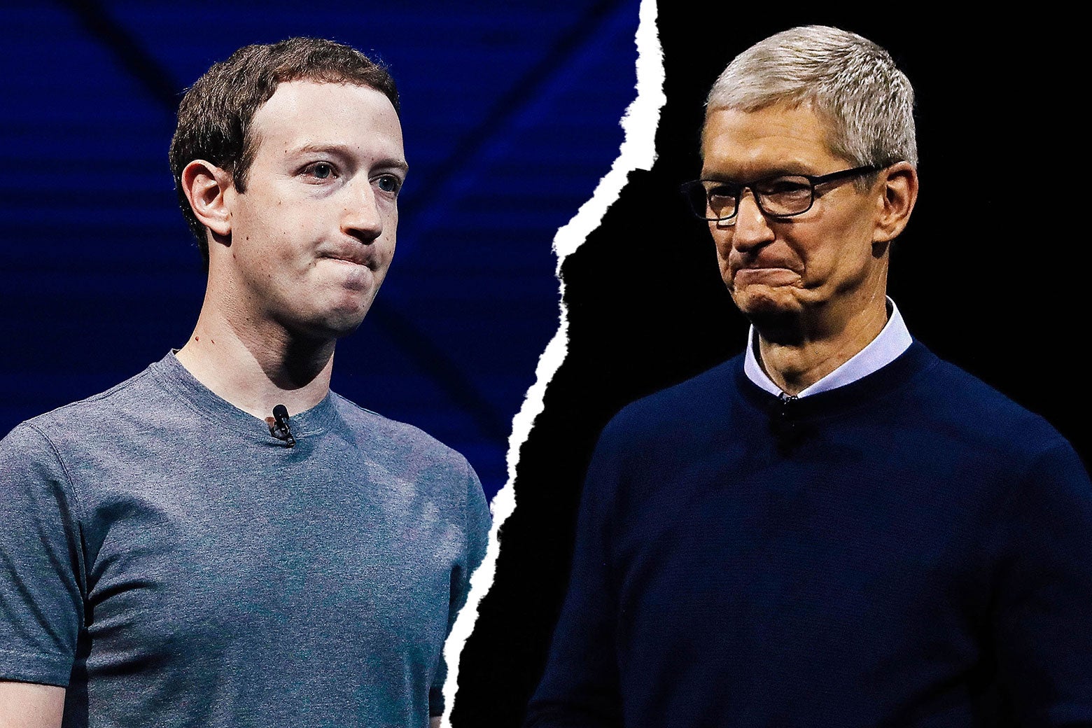 Mark Zuckerberg and Tim Cook, pictured on two sides of a torn image.