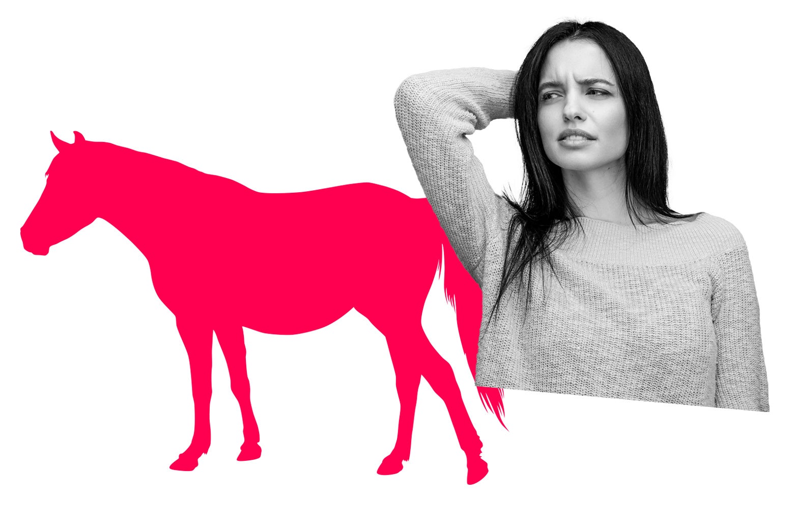 Woman holding her head with a confused look on her face. A horse is next to her.