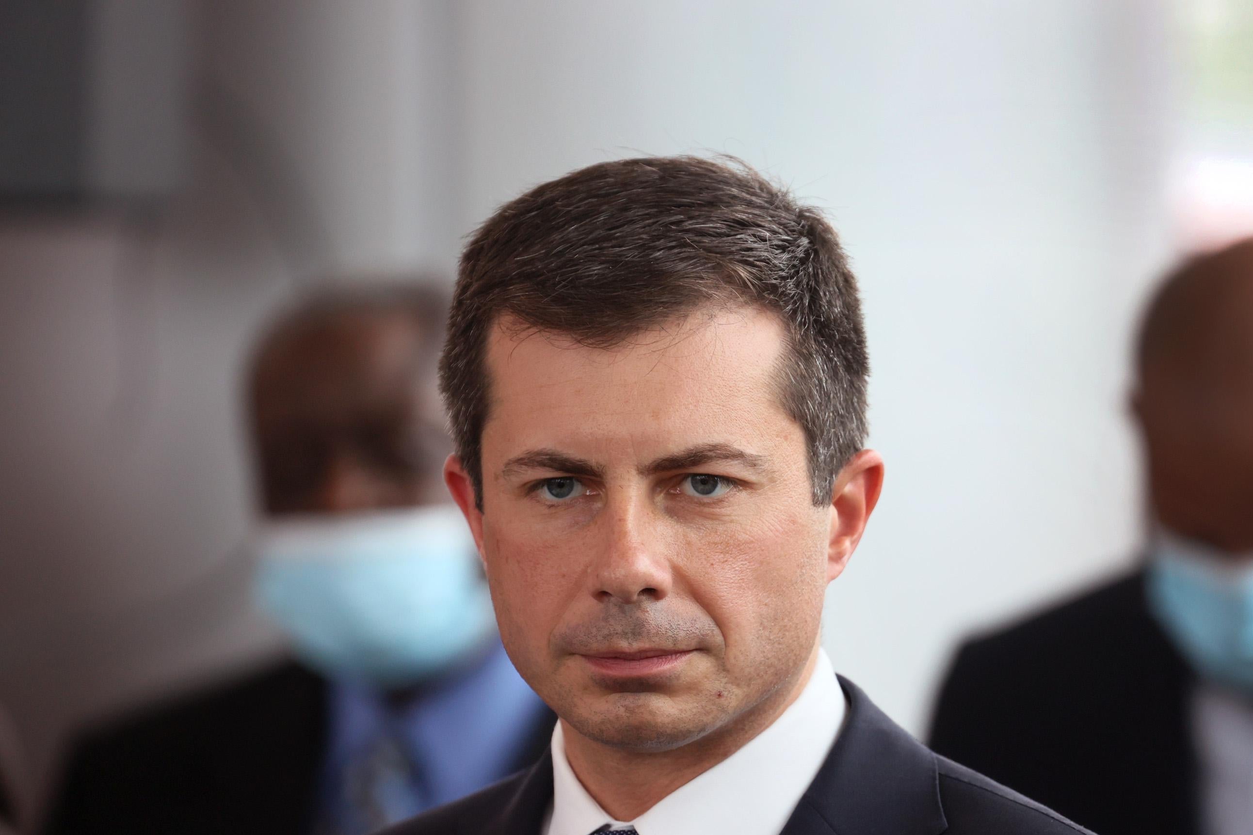 Transportation Secretary Pete Buttigieg listens to a question during a news conference on July 16, 2021 in Chicago, Illinois. 