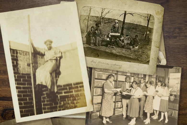 A photo collage of Black women engaged in various activities — including standing outside with family, poised against a wall and reading books in a library.