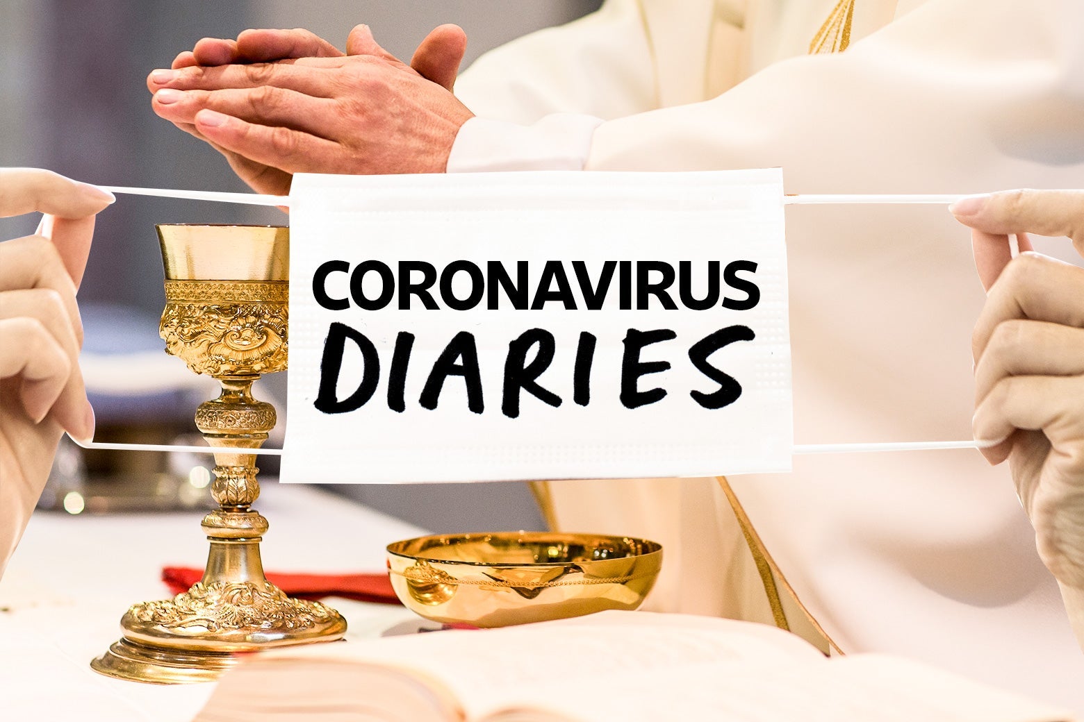 A priest blesses the salvation cup, with a sign that says "coronavirus diaries" written over it.