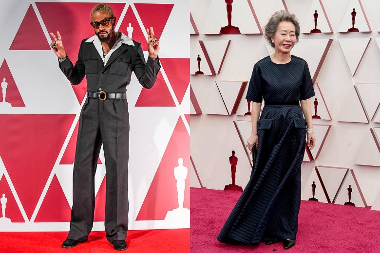 Lakeith Stanfield and Yuh-Jung Youn pose on a red carpet.