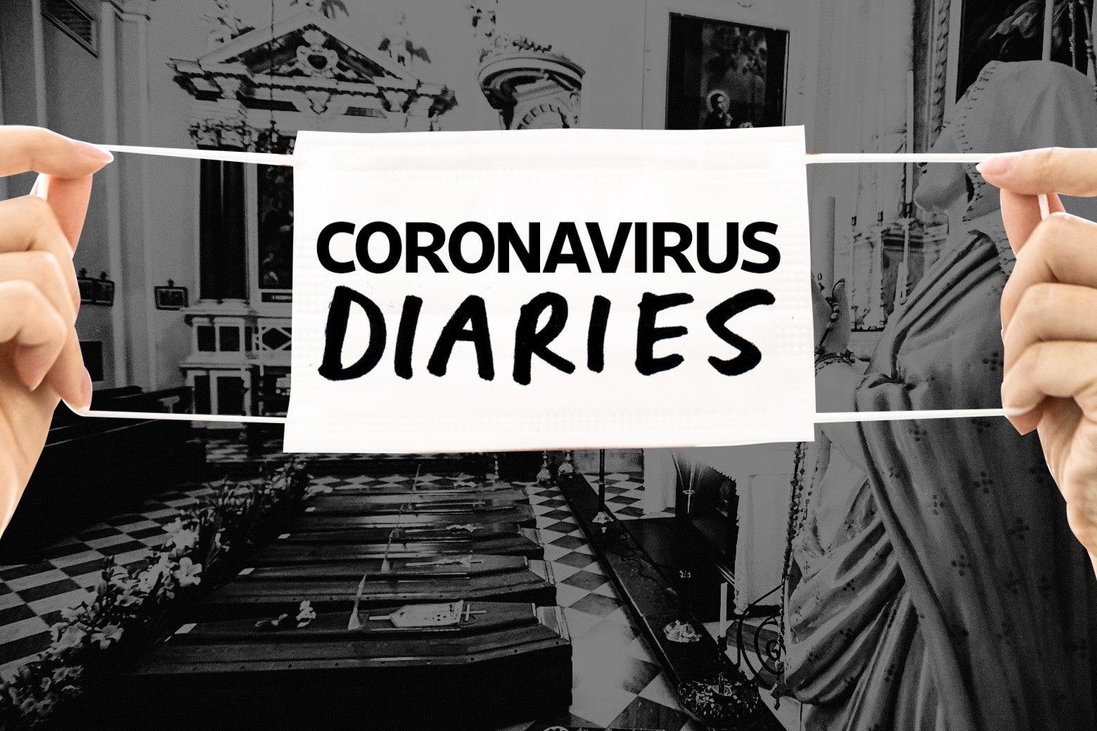 The Coronavirus Diaries tag across a background of a church in Italy that has five coffins in it.