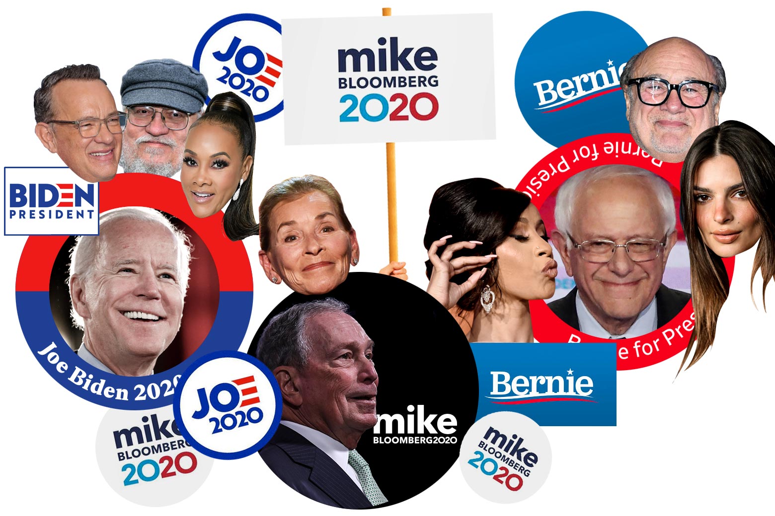Stickers of Democratic candidates' faces surrounded by the faces of the celebrities who endorse them