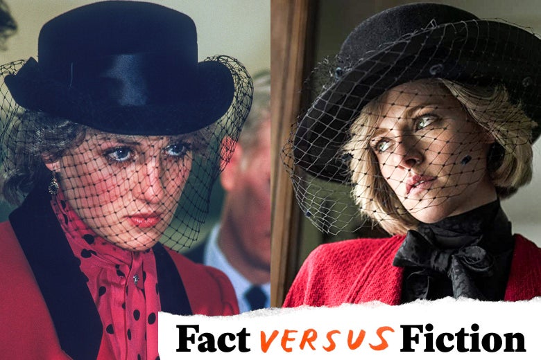 Princess Diana, and Kristen Stewart in the film as Diana, both wearing red blazers and a black hat with a fishnet veil over the face.