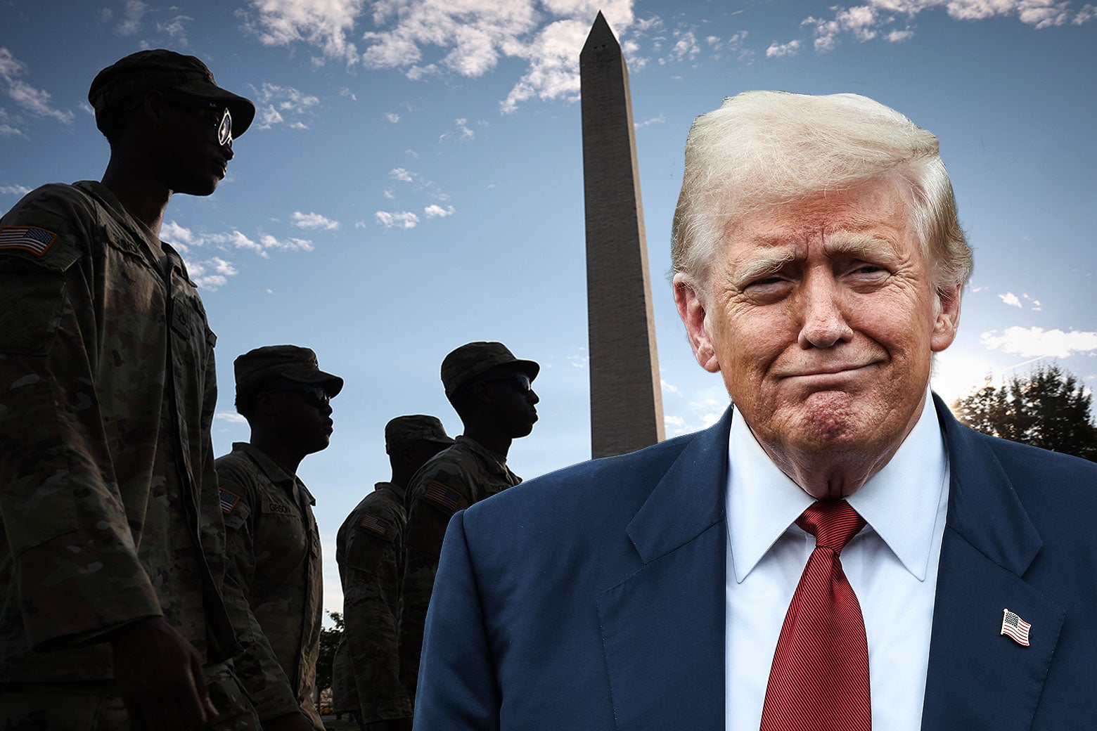 Fotomontaż przedstawiający członków Gwardii Narodowej przed Pomnikiem Waszyngtona z jednej strony i Donalda Trumpa z drugiej.