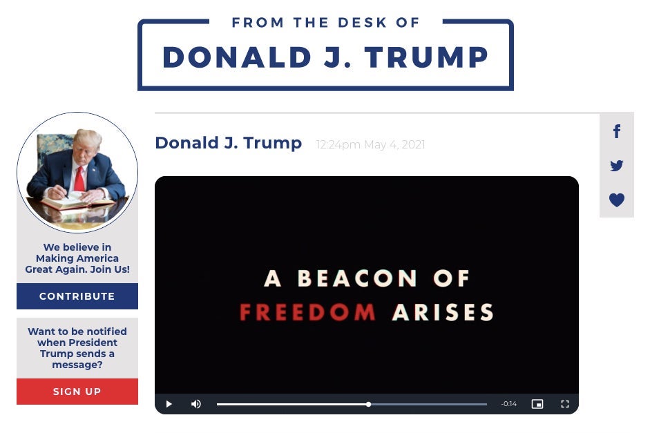 A screenshot of Trump's new platform featuring a photo of Trump writing at a desk and a video still that says "A Beacon of Freedom Arises"