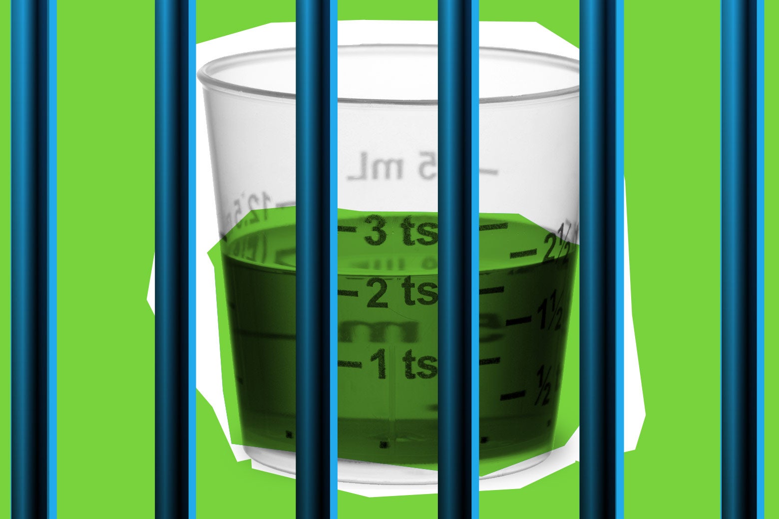 A cup containing a dosage of methadone behind bars.