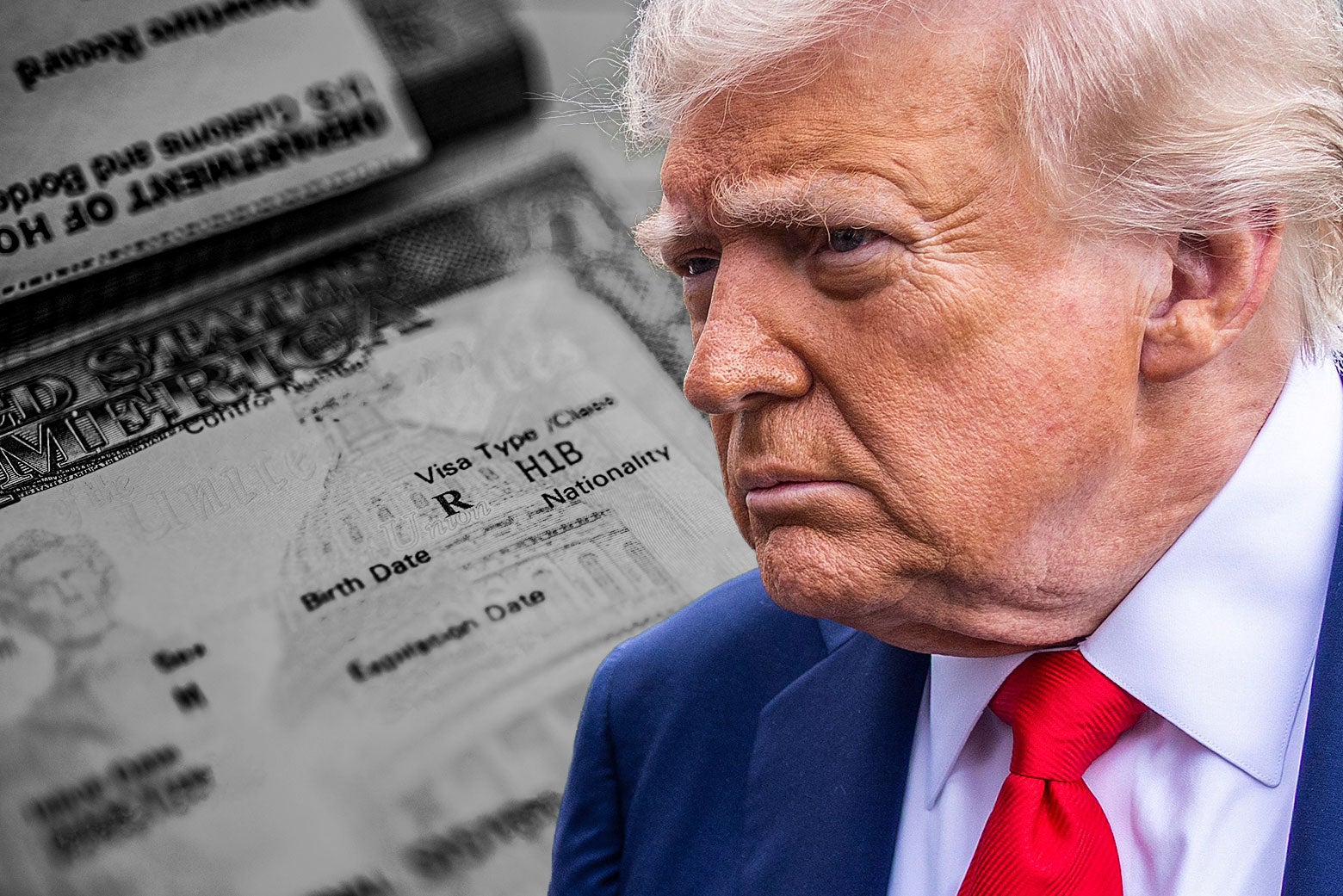 Eine Fotoillustration von Donald Trump mit einem H-1B-Visum im Hintergrund