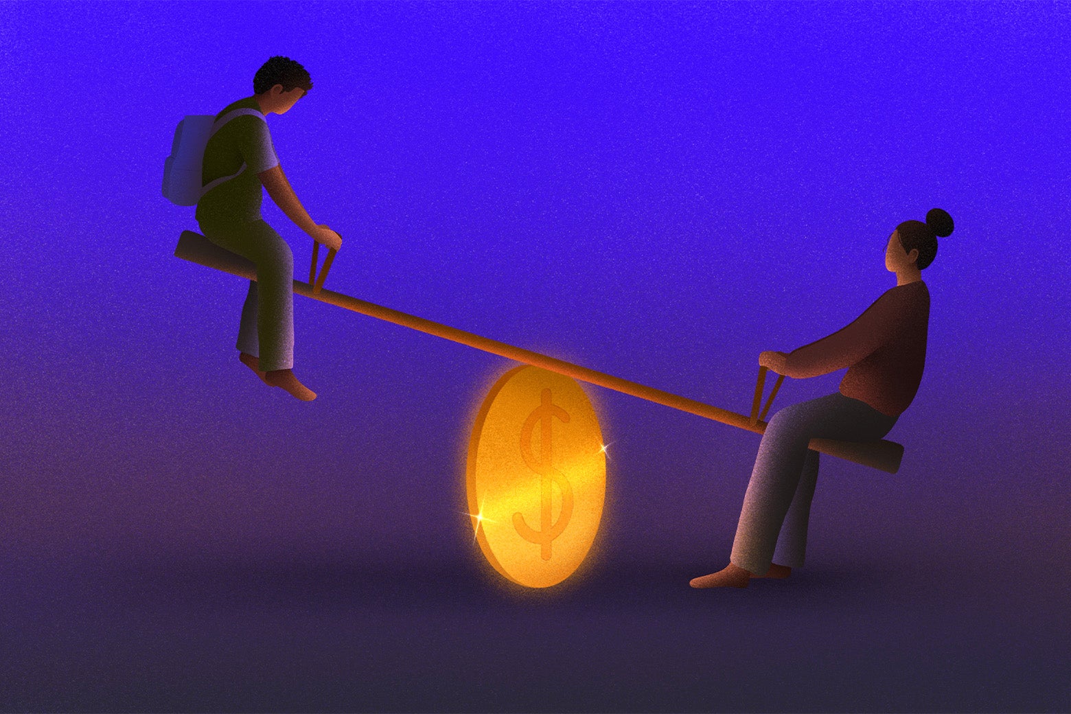 A child wearing a backpack is on the high side of a teeter-totter made of a gold coin while a woman is down. 