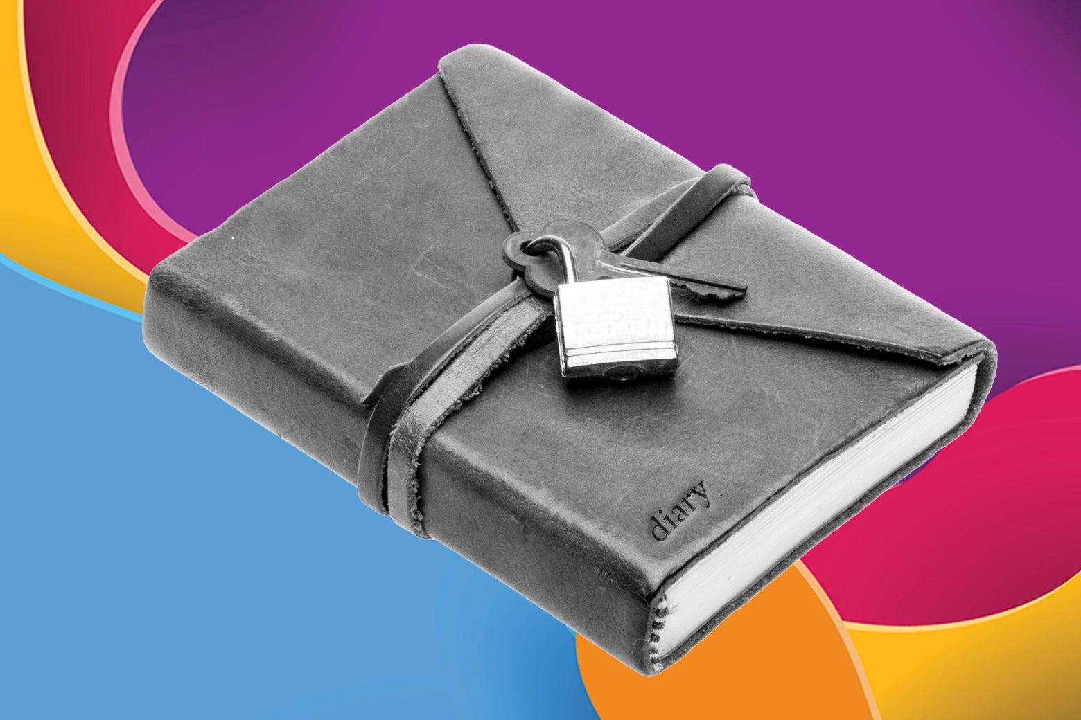 A leatherbound diary with a lock on it against the colorful One Thing background.